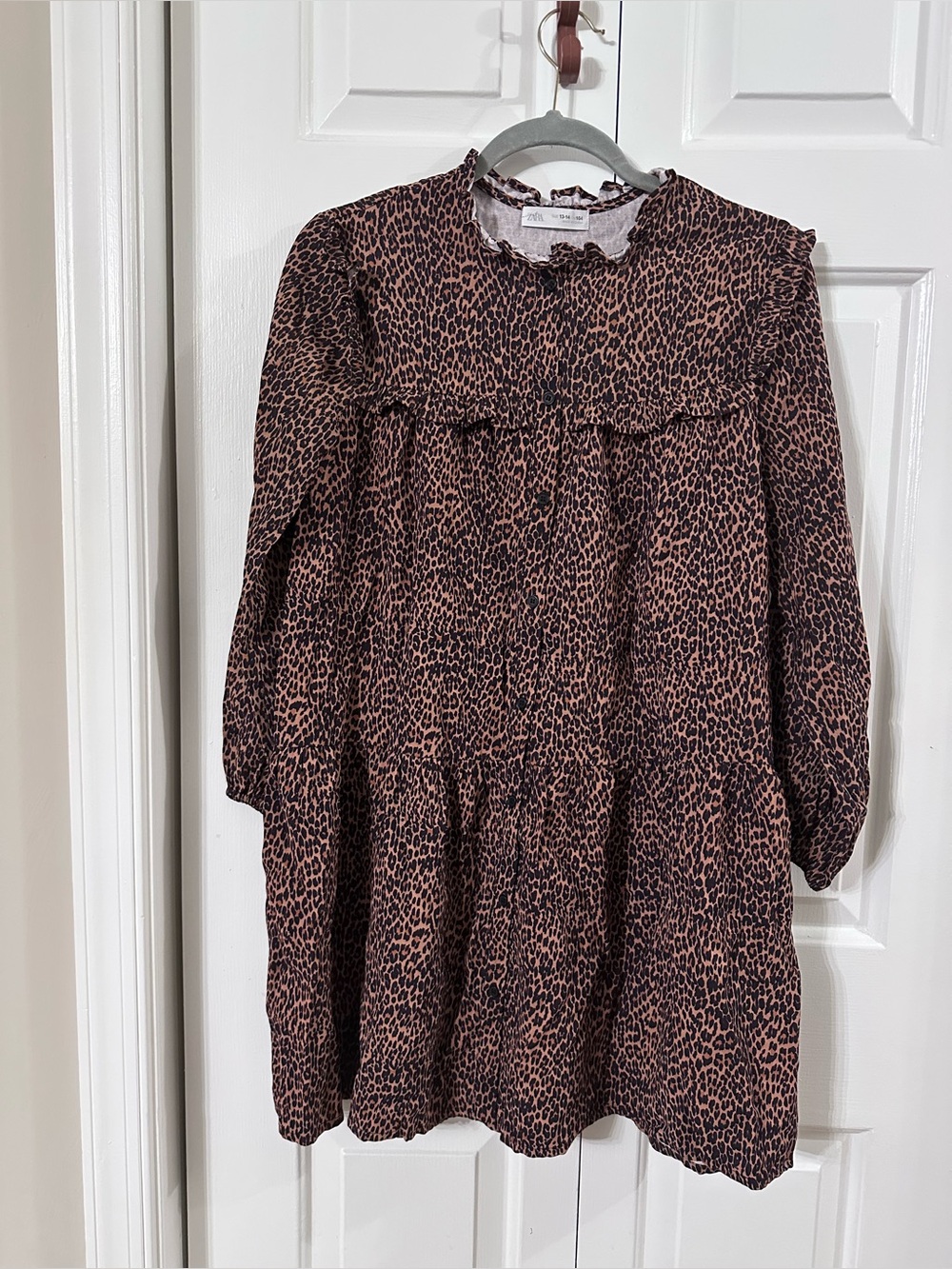 Zara Leopard Print Ruffle-Neck Dress - Brown & Black